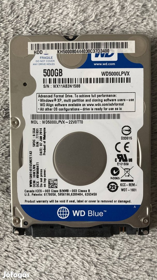Western Digital WD Blue 2.5 500GB SATA3 WD5000Lpvx 100/100 újszerű HDD