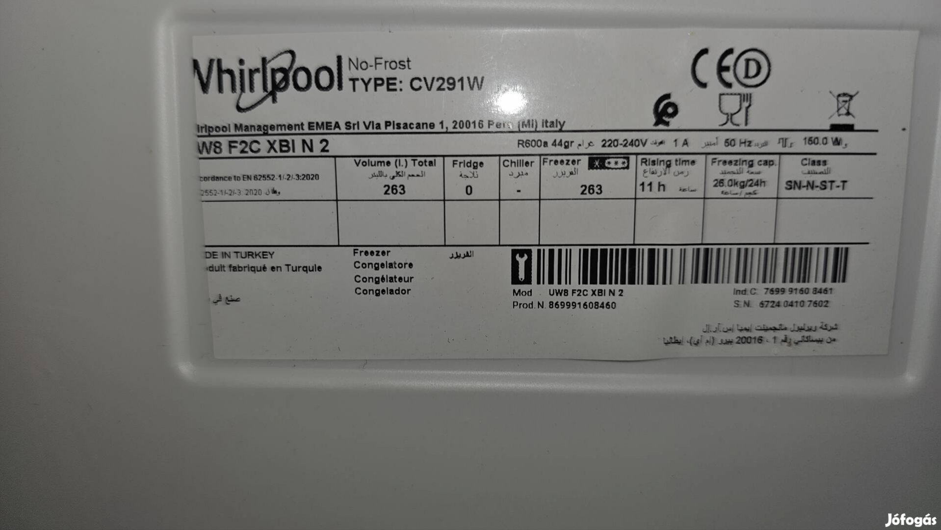 Whirlpool 263 literes no frost fagyasztószekrény garanciával 
