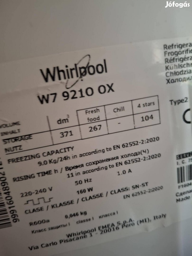 Whirlpool. kombinált hütöszekreny. total Nofrost 368 L 