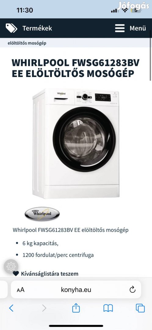 Whirlpoowhirpool Fwsg61283BV EE Elöltöltős Mosógép