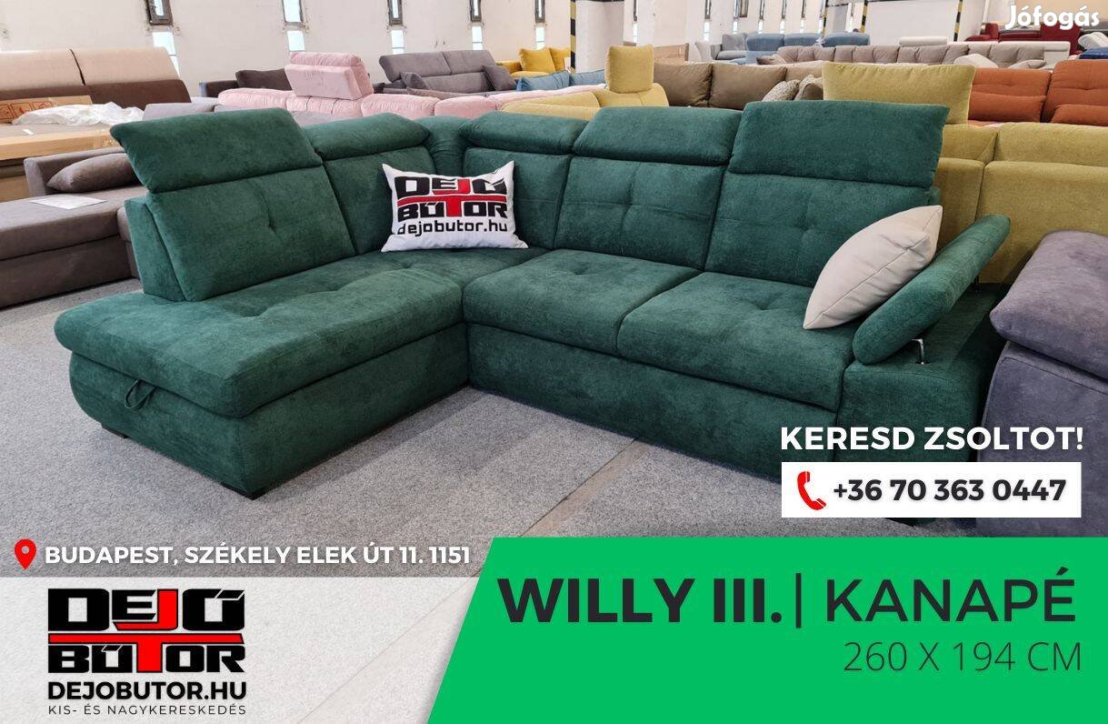 Willy 3 rugós relax ualak kanapé ülőgarnitúra 255x184 cm zöld sarok