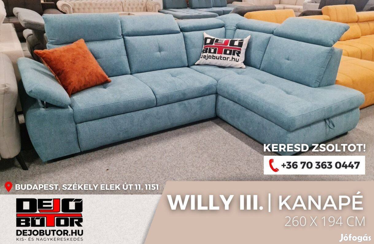 Willy 3 rugós saton 12 kék sarok kanapé ülőgarnitúra 255x184 cm
