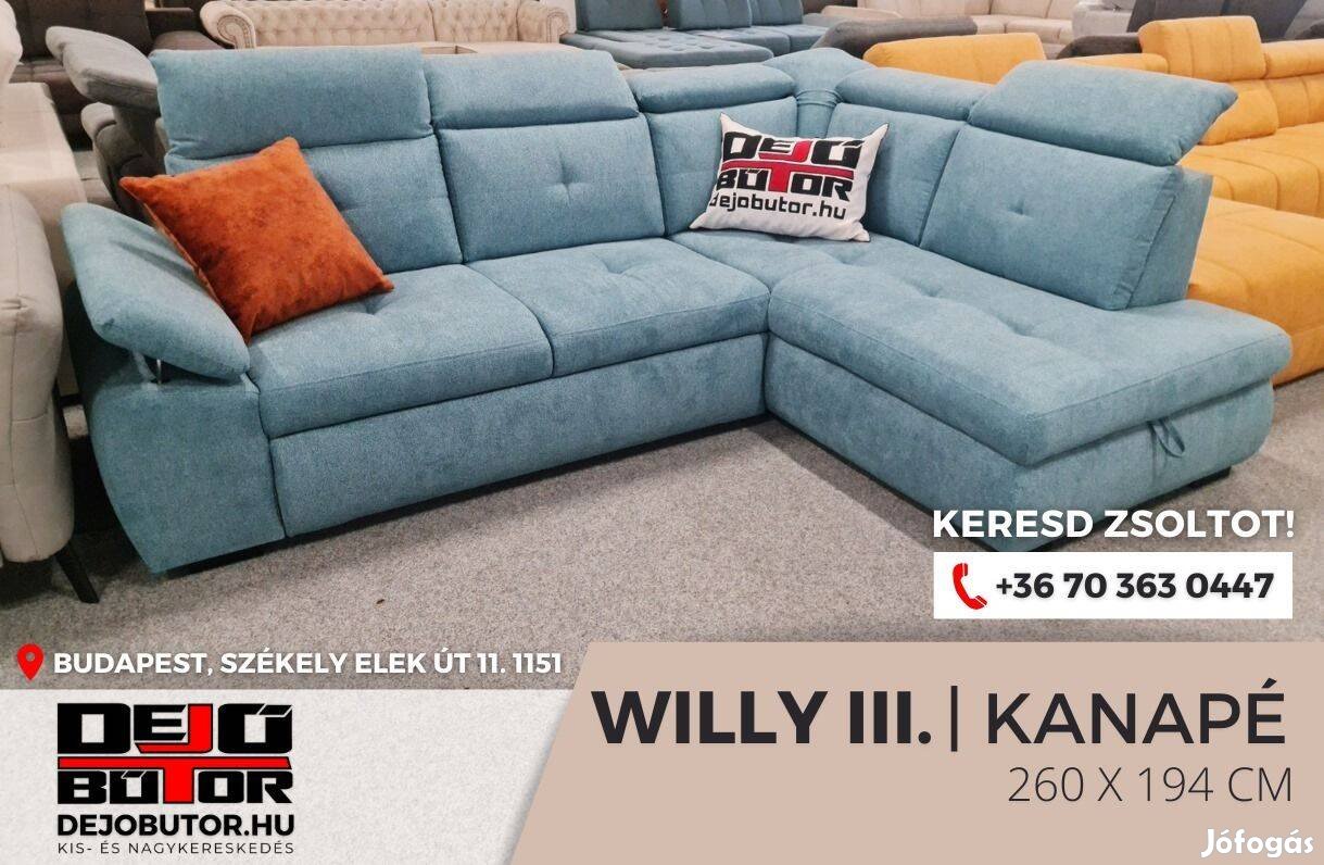 Willy III. sarok kék kanapé ülőgarnitúra 250x184 cm ágyazható bútor
