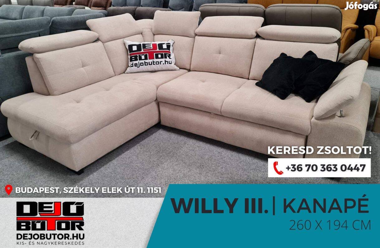 Willy III. sarok krém rugós kanapé ülőgarnitúra 255x184 cm ágyazható