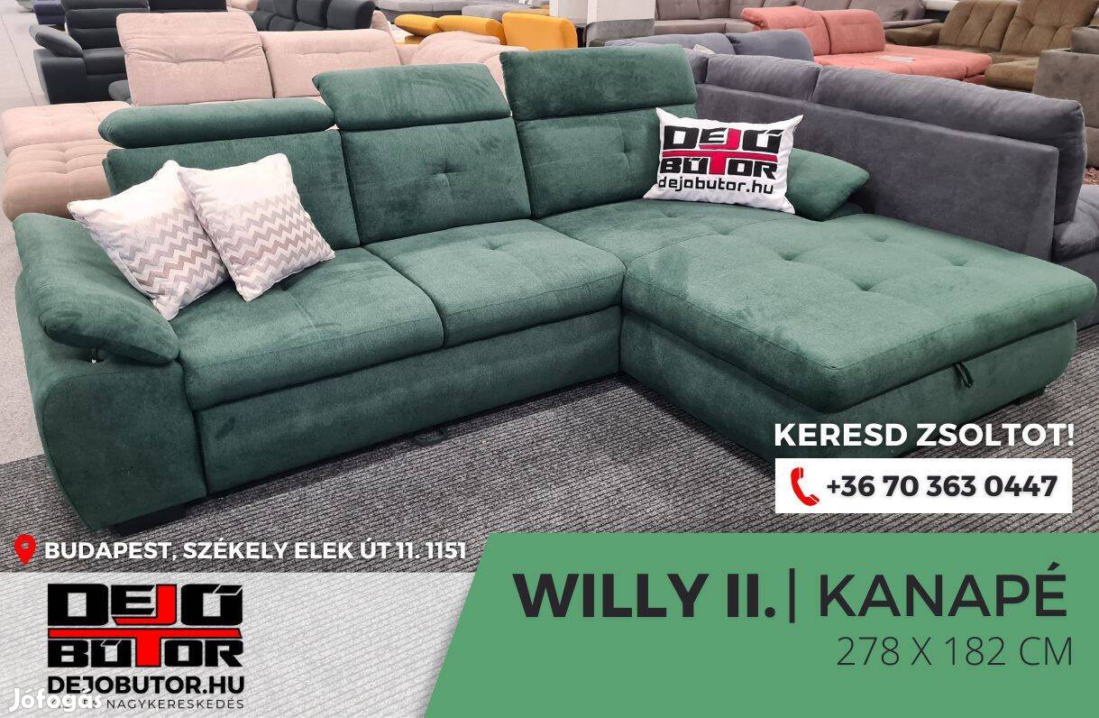 Willy II rugós sarok kanapé ülőgarnitúra 278x182cm ágyazható olaj zöld
