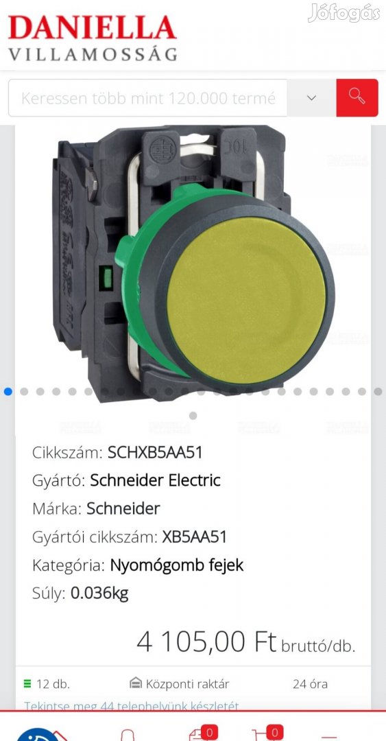 XB5-AA51 Komplett nyomógomb, sárga Schneider