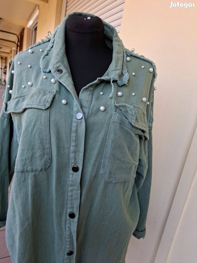 XL-es gyöngyökkel disz khakizöld női farmer kabát