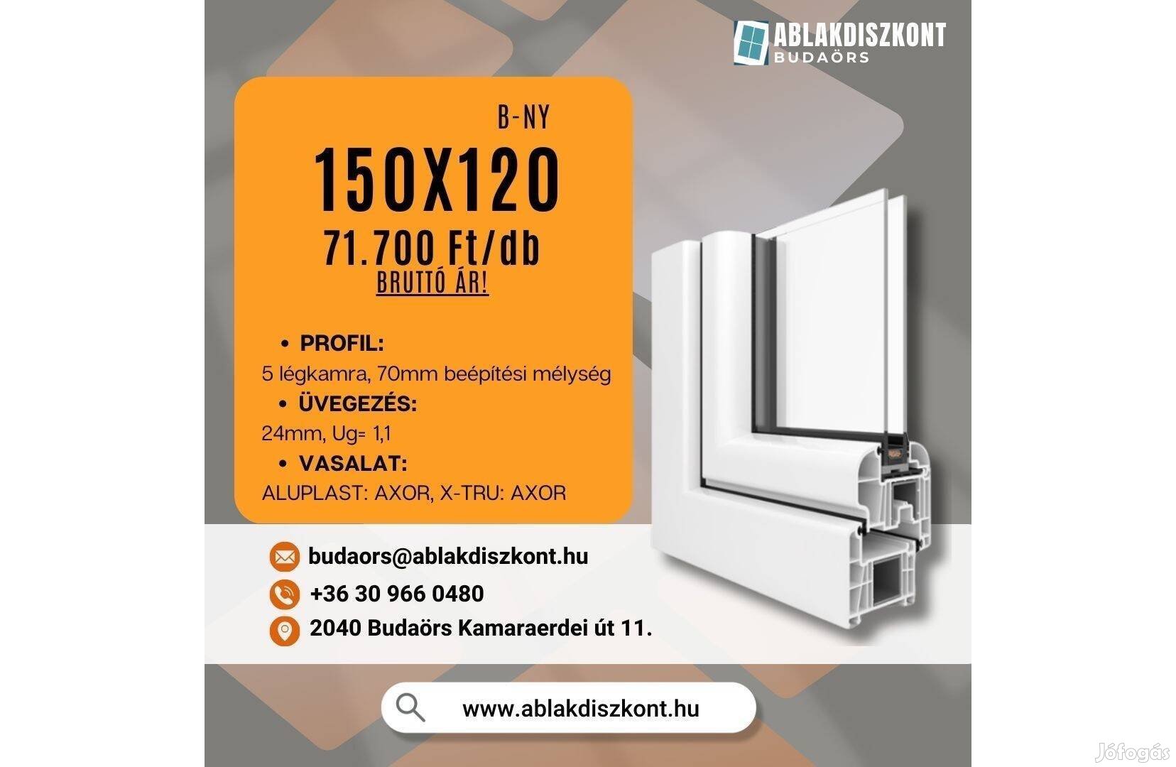 X-TRU 150x120 bukó-nyíló műanyag ablak 2 rétegű üvegezéssel