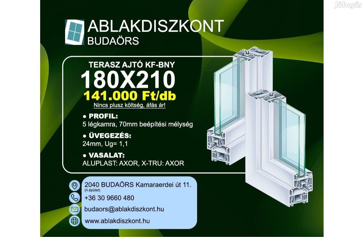X-TRU 180x210 bukó-nyíló műanyag terasz ajtó 2 rétegű üvegezéssel