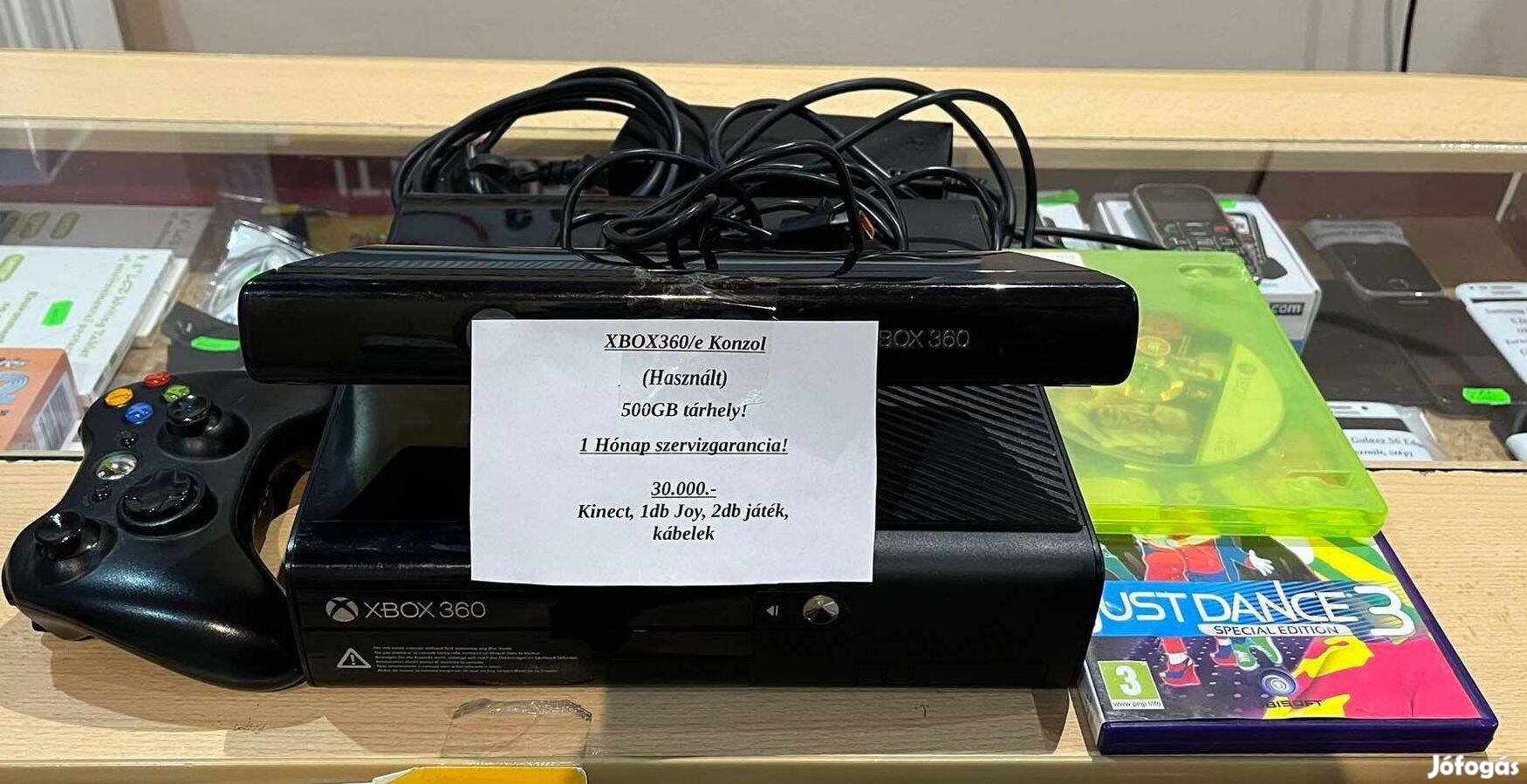 Xbox360/E, 500GB, 1db Joy, Kinect, 7db játék, kábelek!