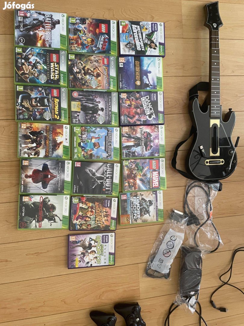 Xbox360 (22db játékkal)+kinect+gitarhero+2 db kontroller+játékok