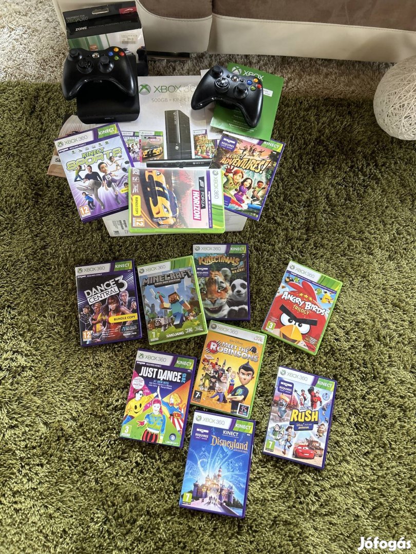 Xbox 360 500 GB +kinect+ gyors töltő és 11 játék 