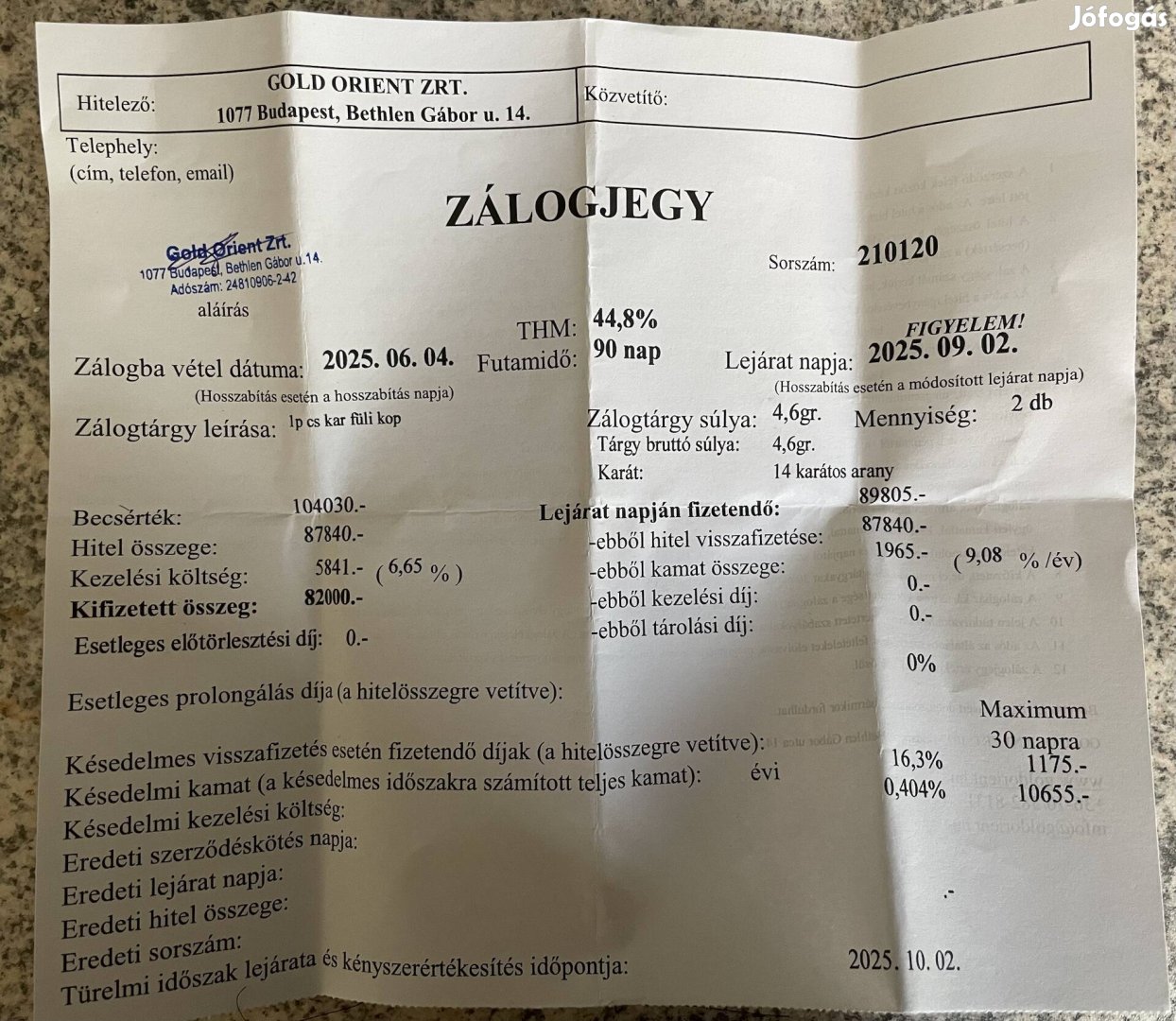 Zálog papír 
