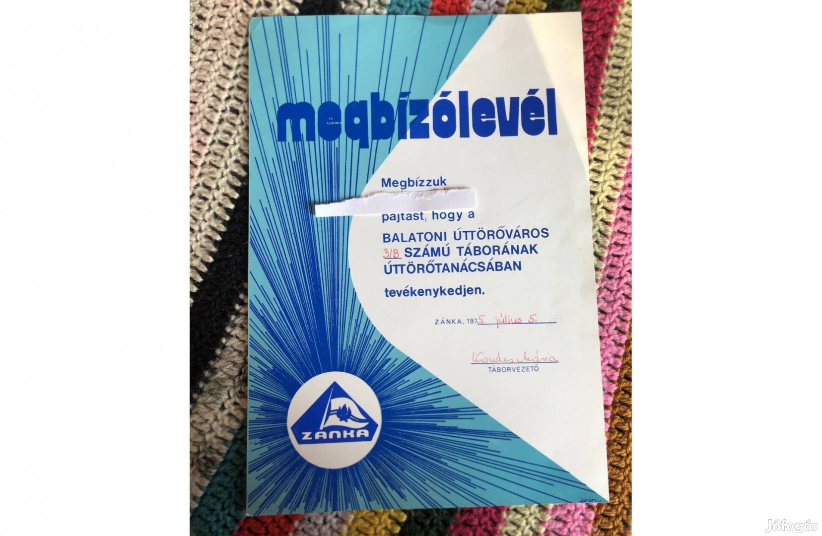 Zánkai úttörőváros retró megbizólevél 1000 Ft