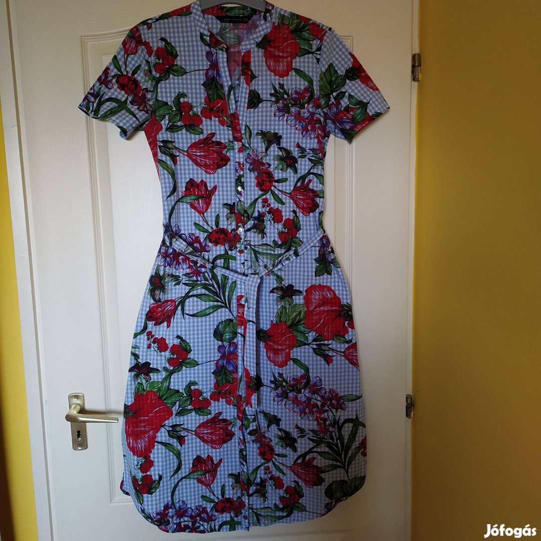Zara piros virágos kockás zsebes öves női ruha S