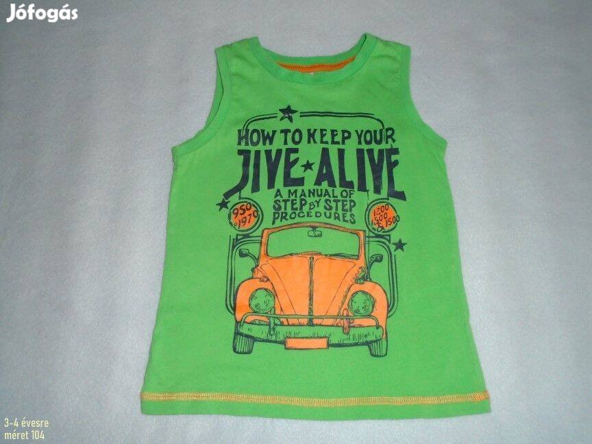 Zöld és autó mintás trikó 3-4 évesre (méret 104) ujjatlan póló