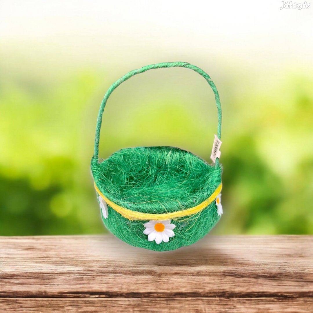 Zöld filcfű húsvéti kosár margaréta nyéllel 15x7cm