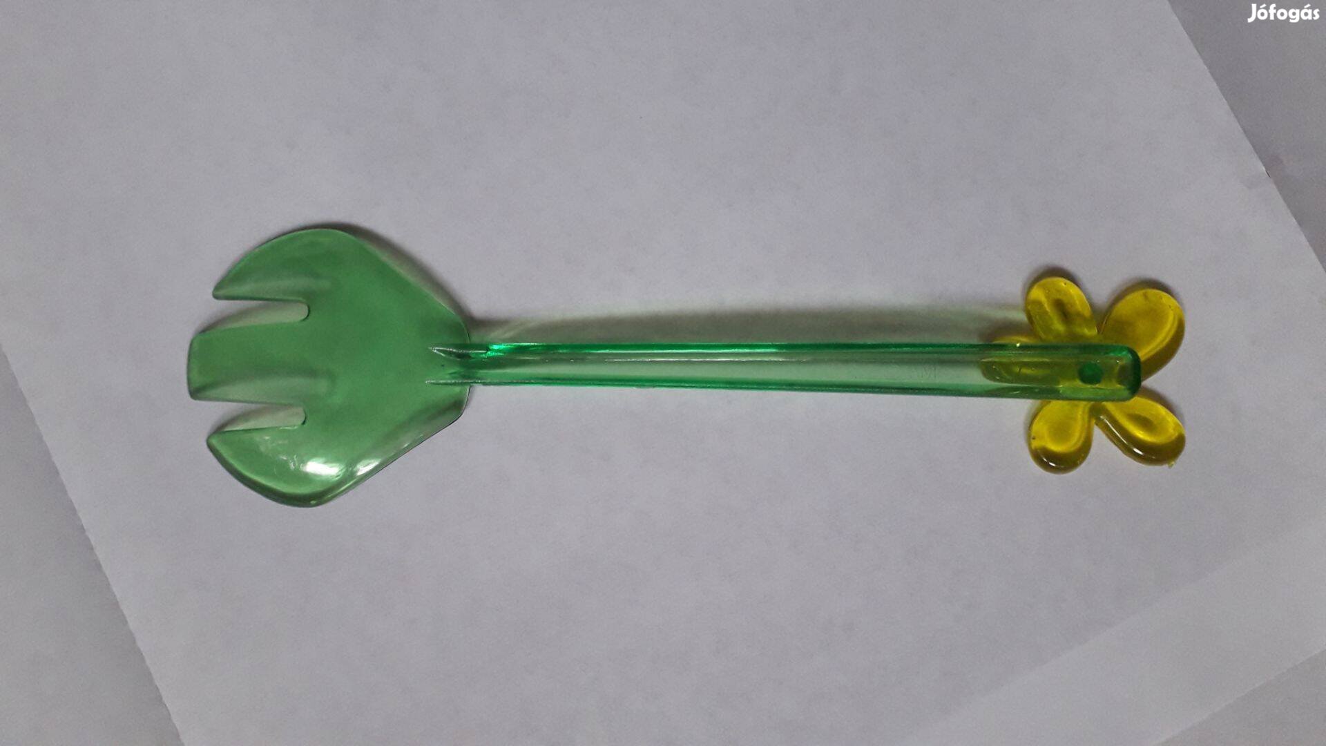 Zöld műanyag virágos kiszedő szervírozó kanál villa 25 cm új