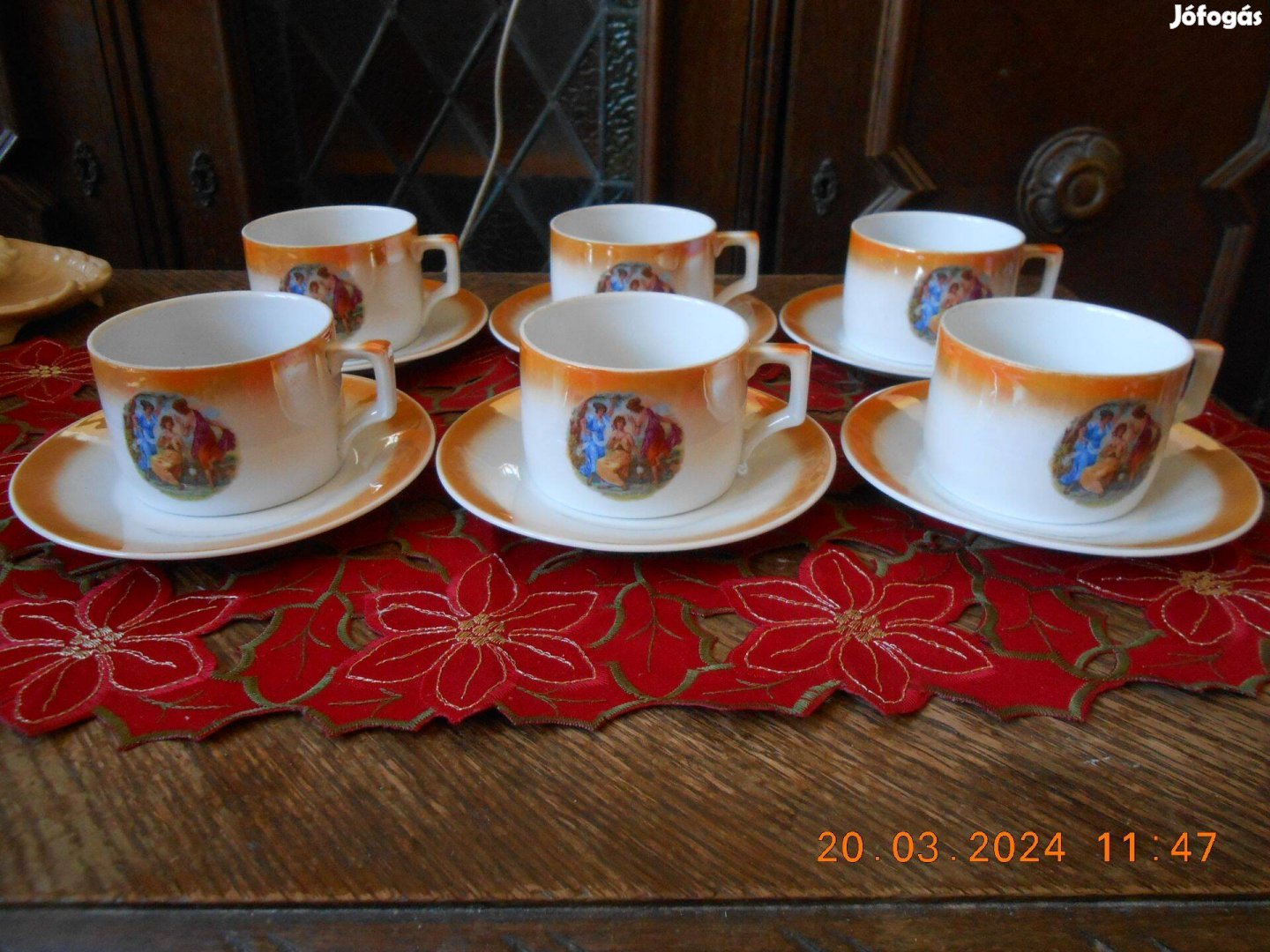 Zsolnay antik jelenetes, lüsztermázas teás csésze, 6 db