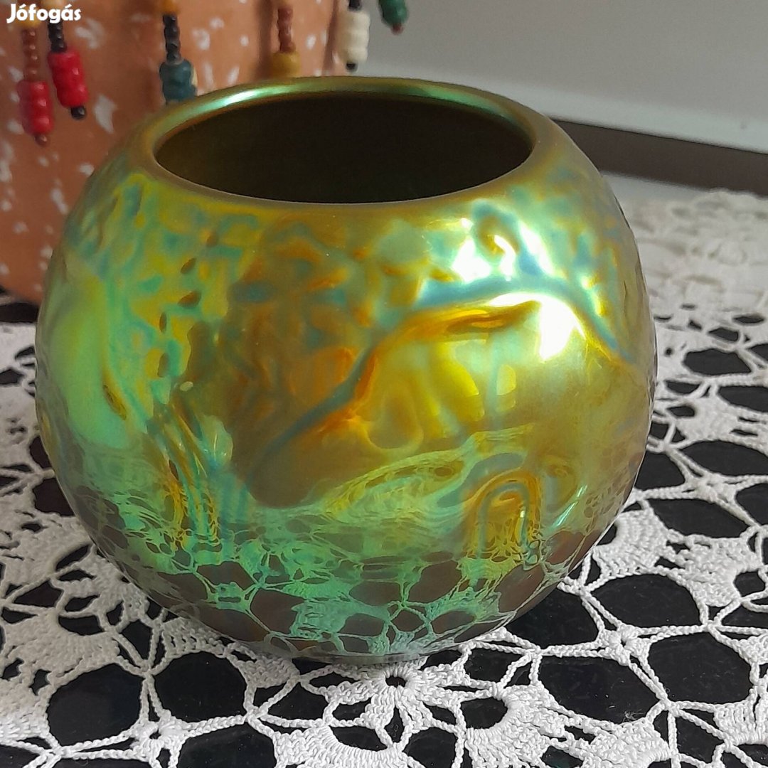 Zsolnay eozinmázas Ginko biloba motívumos gömb alakú váza 