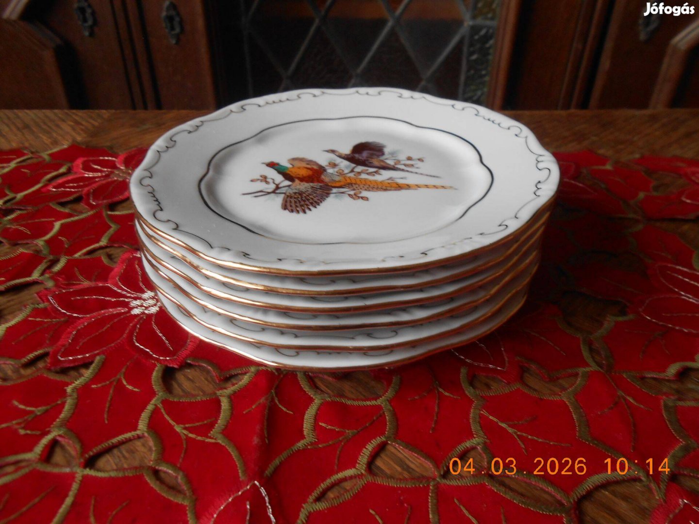 Zsolnay fácános süteményes tányér, 6 db