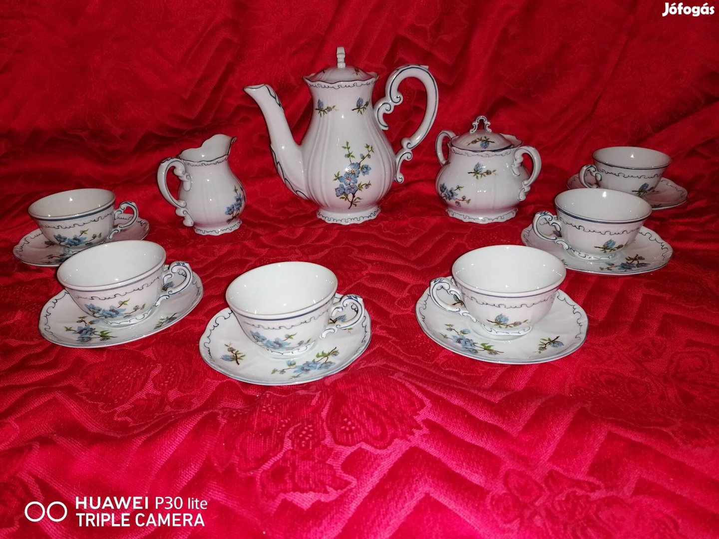 Zsolnay kávéskészlet, kék barackvirágos