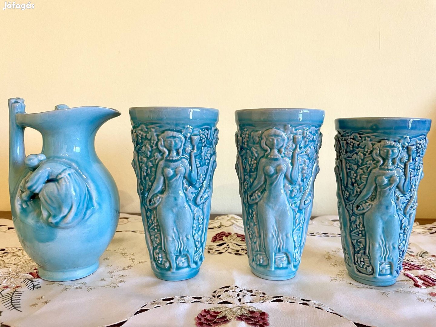 Zsolnay kék alapmázas arató váza és szüretelő pohár