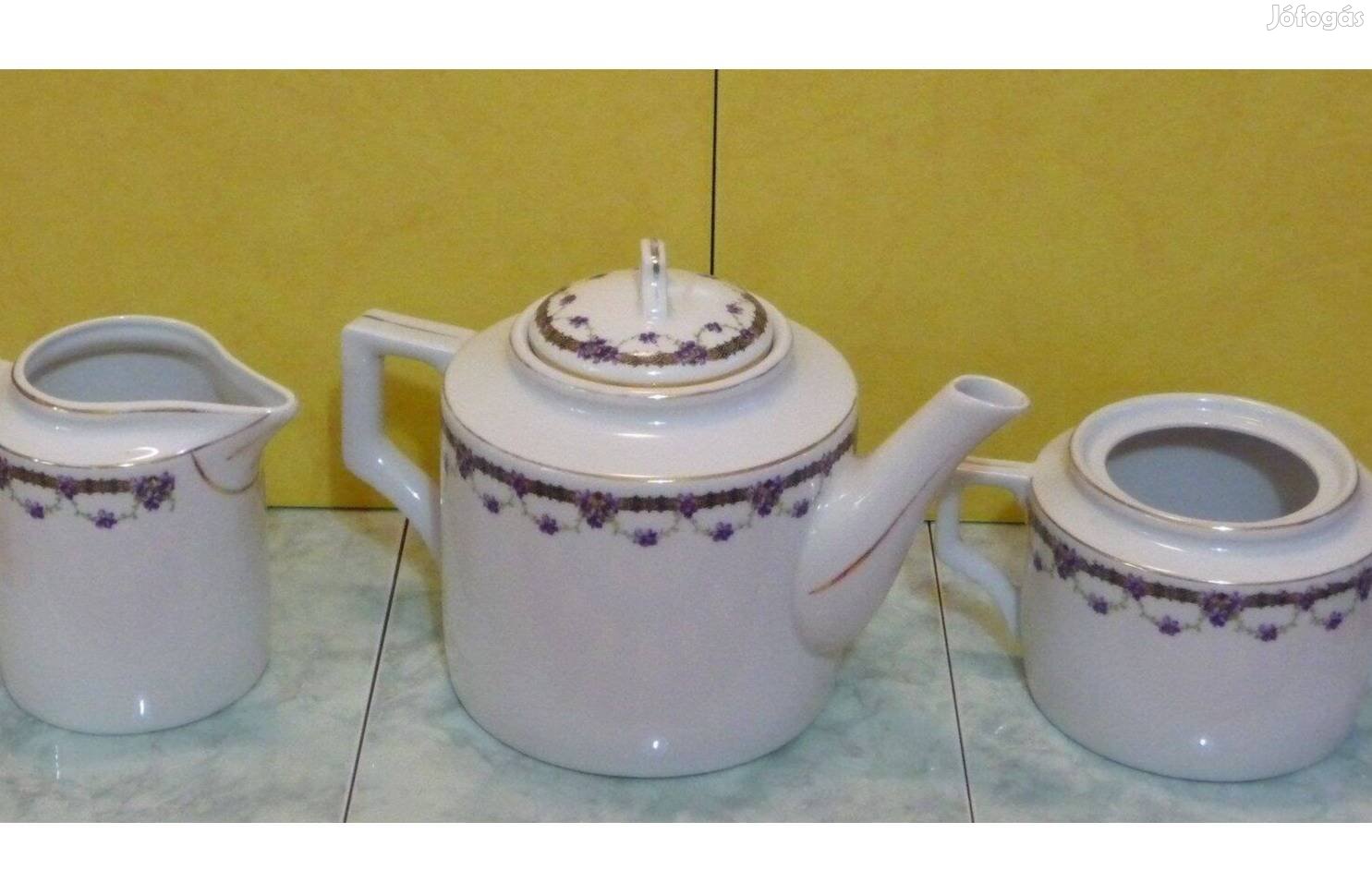 Zsolnay porcelán 3 részes ibolyavirágos teáskészlet