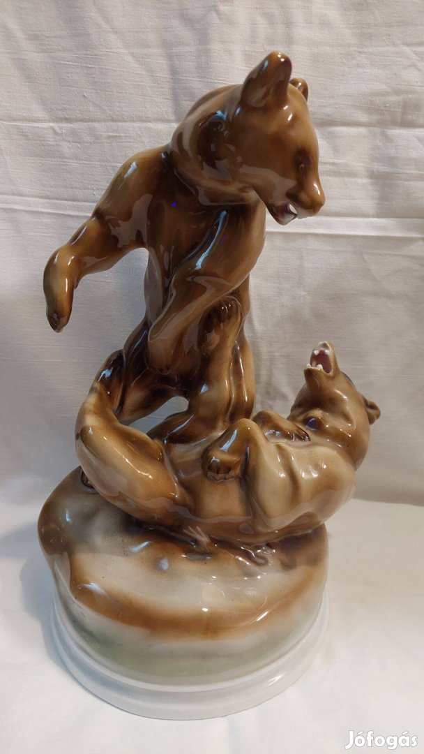 Zsolnay porcelán birkózó medvék 31 cm porcelán szobor, hibátlan