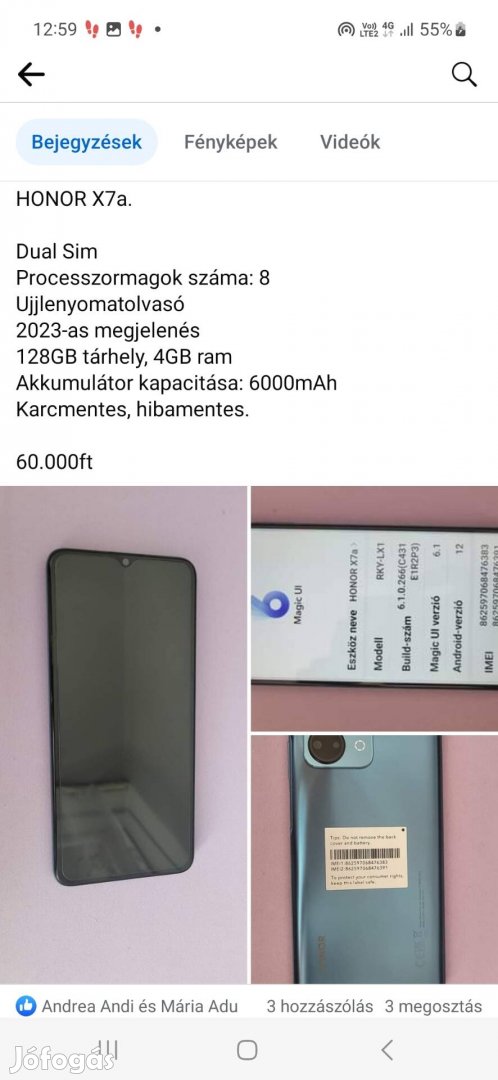 Eladó,fél éves Honor x7A telefon