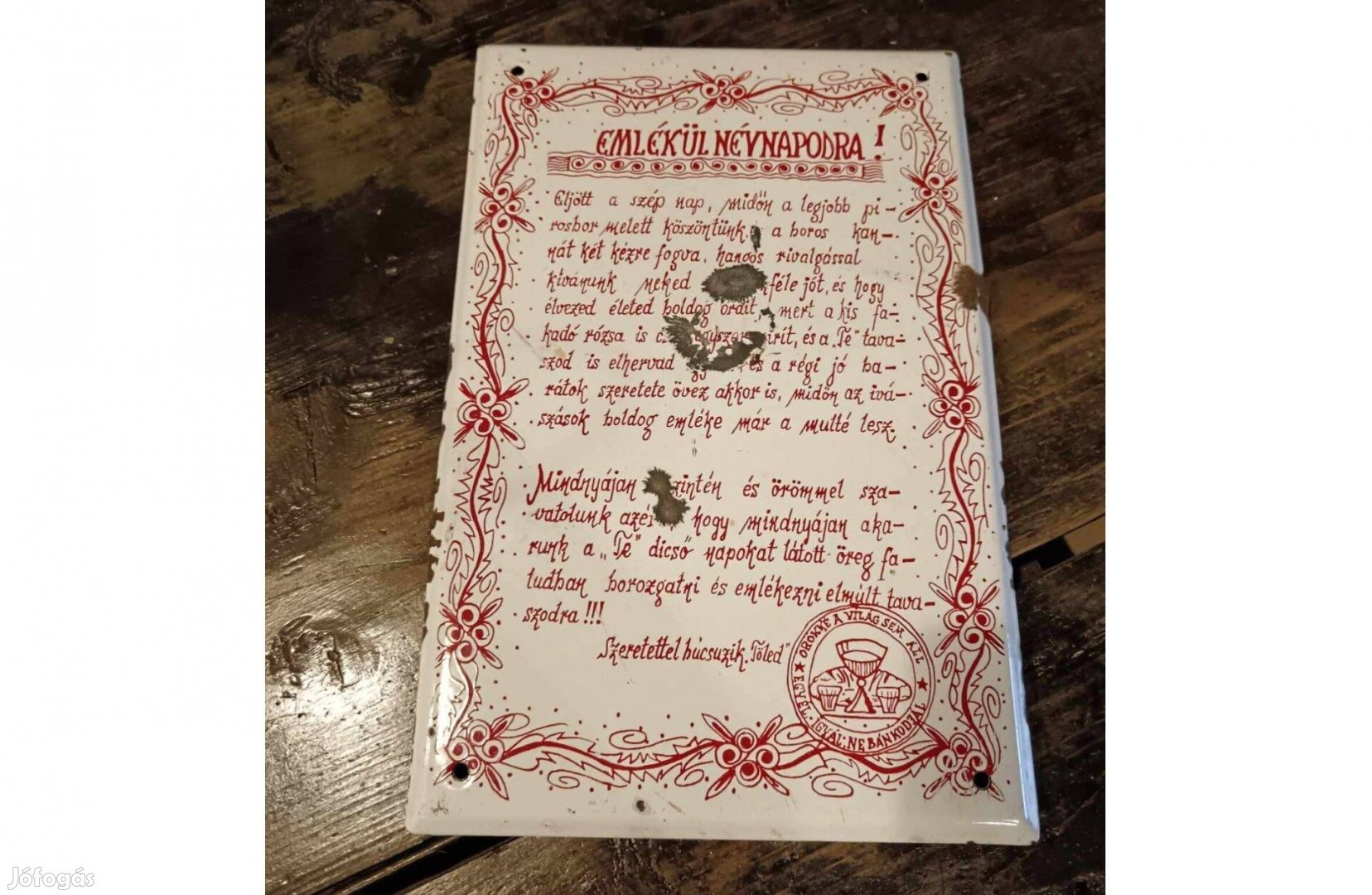 "Emlékül Névnapodra" zománctábla, jókívánságokkal, vicces versikével