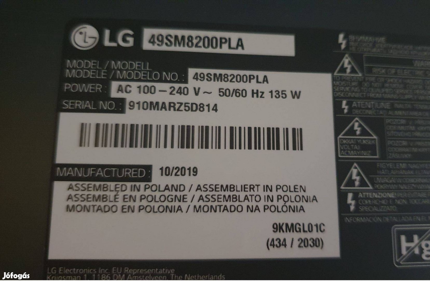 ! Lg 49SM8200PLA LED LCD tv hibás törött alkatrésznek 49SM8200 LJ9