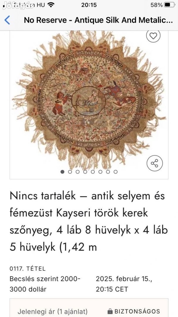 antik török kájzeri selyem és ezüst szállal készült szőnyeg kájzeri 