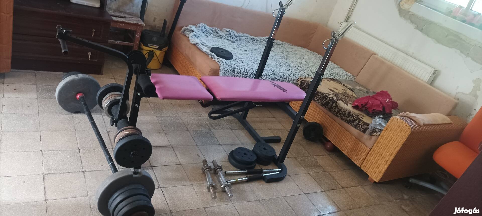 fekvenyomó pad+kétkezes rúd+4db egykezes rúd 