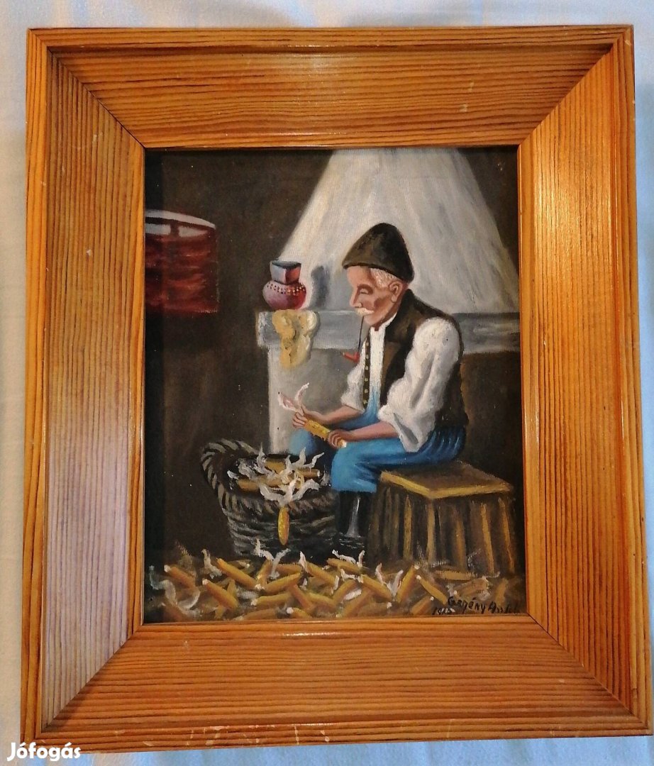 kukoricát morzsoló férfi signózott antik olaj vászon festmény