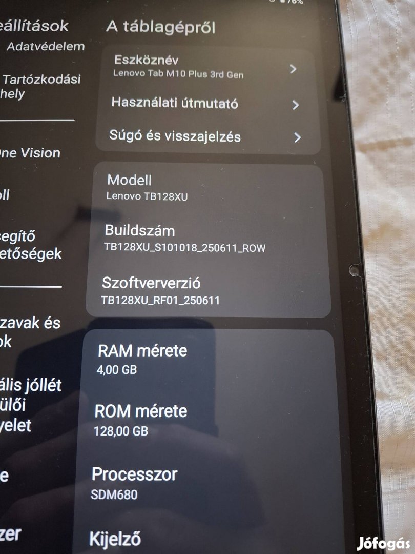 lenovo Tab M10 plusz 3rd Gen. 4128. sim kártyás