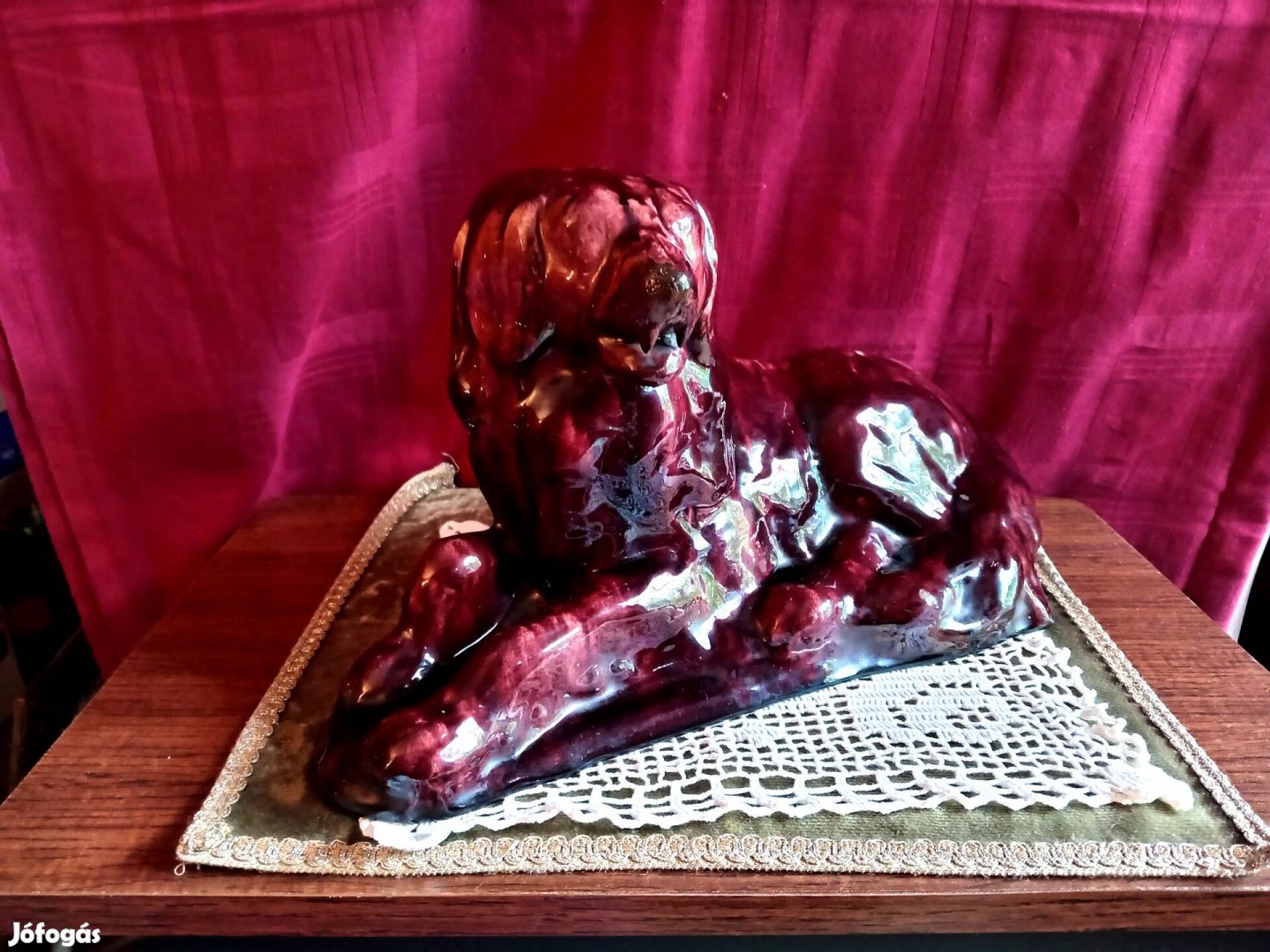 retro kerámia kutya szobor , barna ,mázas, 34cm hosszú