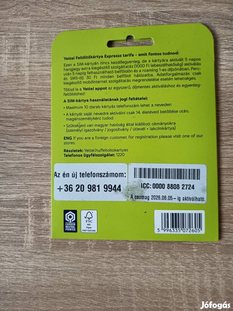 yettel SIM kartya jo szammal