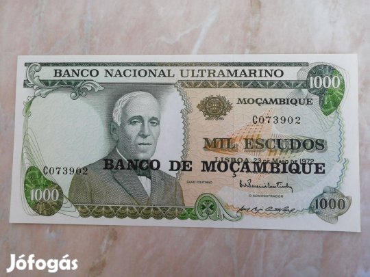 1000 escudo 1972-es Mozambiki fellülbélyegzett papírpénz