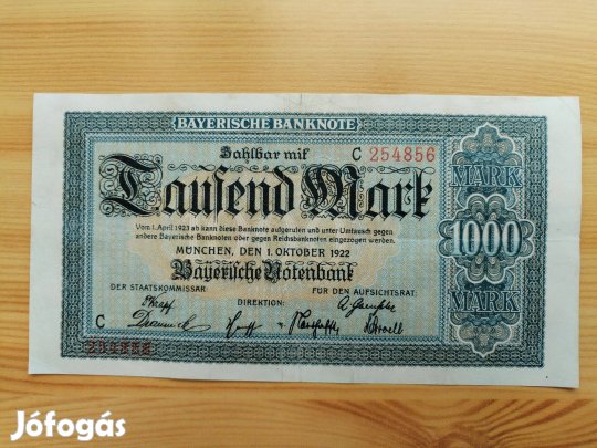 1000 márka 1922-es Müncheni Német Birodalmi vízjeles papíron papírpén