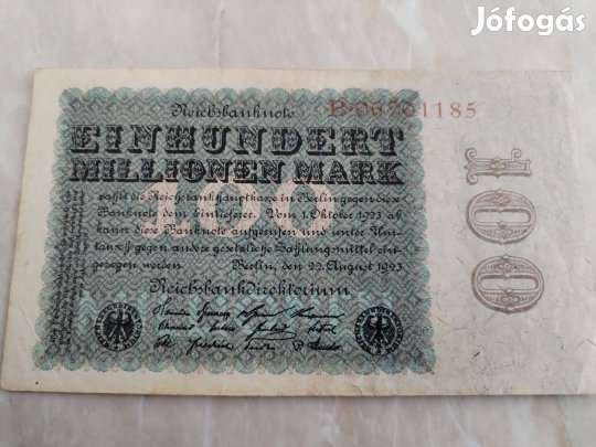 100 Millió Márka Német papírpénz 1923-as vízjeles papíron