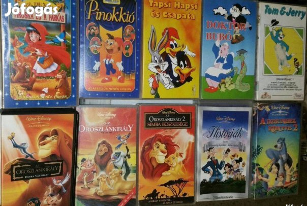 10 VHS mese video kazetta Pinokkió Tom & Jerry Doktor bubó Piroska stb