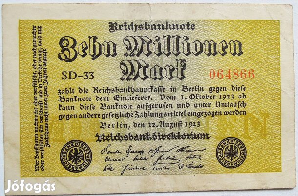 10 tíz millió német márka Berlin 1923 bankjegy papírpénz