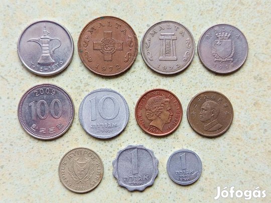 11 db Különböző Egzotikus Érme Málta Ciprus Korea Izrael Taiwan