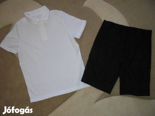 122-128-as fiú ünneplős ruha fehér ingpóló fekete rövidnadrág szett