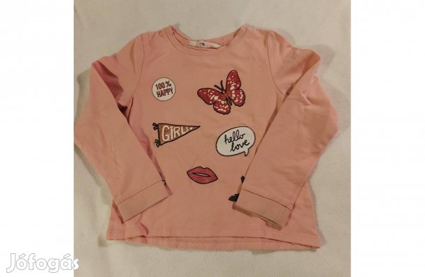 122/128-as rózsaszín alapon mintás, hosszúujjú felső, H&M-es