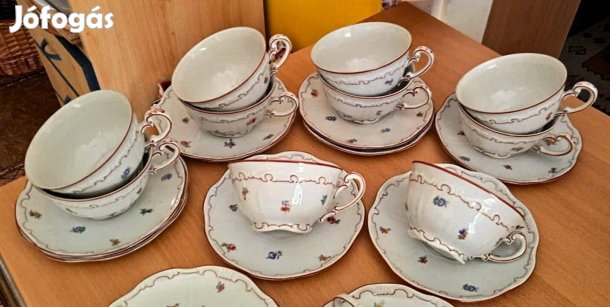 12 db. apró virágos Zsolnay barokk teásszett, piros tollazott 9335ös