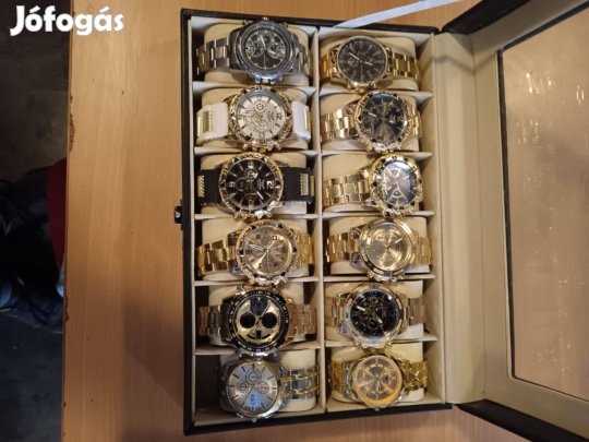 12 db-os óragyűjtemény üvegfedeles zárható bőr díszdobozban