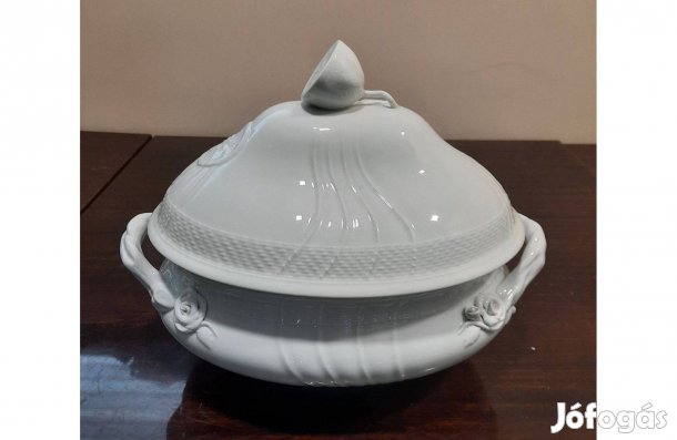 12 személyes Fehér Herendi porcelán leveses tál citrom fogós tetővel