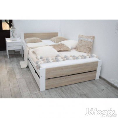 140X200 LEA festett fehér fenyő/sonoma MDF ágykeret ágyráccsal, Új ágy